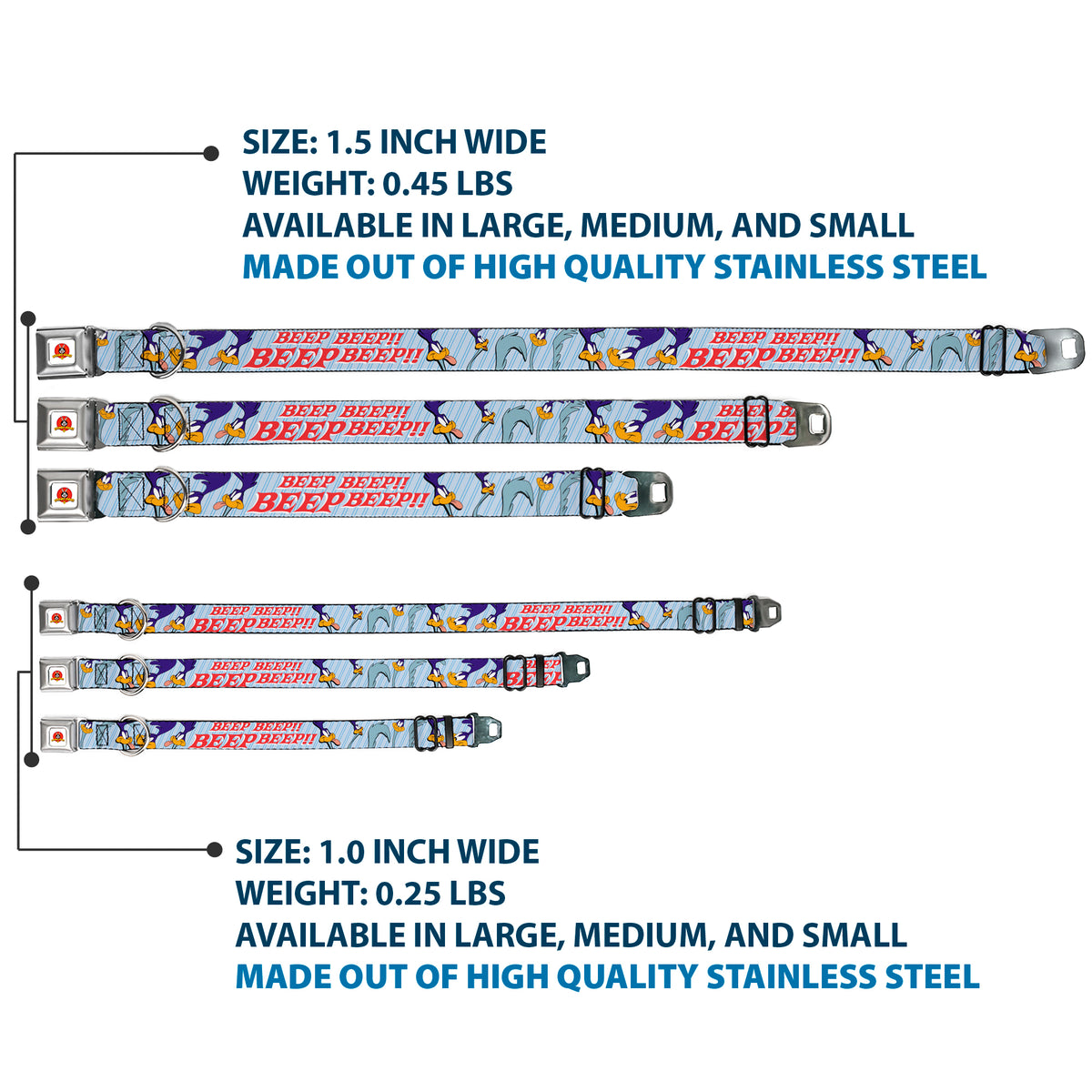 Looney Tunes Logo White Seatbelt Buckle Collar - MEEP MEEP!! w/Road Runner Poses Baby Blue Dog Collars Seatbelt Buckle Looney Tunes
