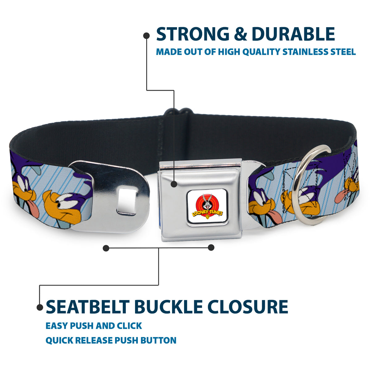 Looney Tunes Logo White Seatbelt Buckle Collar - MEEP MEEP!! w/Road Runner Poses Baby Blue Dog Collars Seatbelt Buckle Looney Tunes