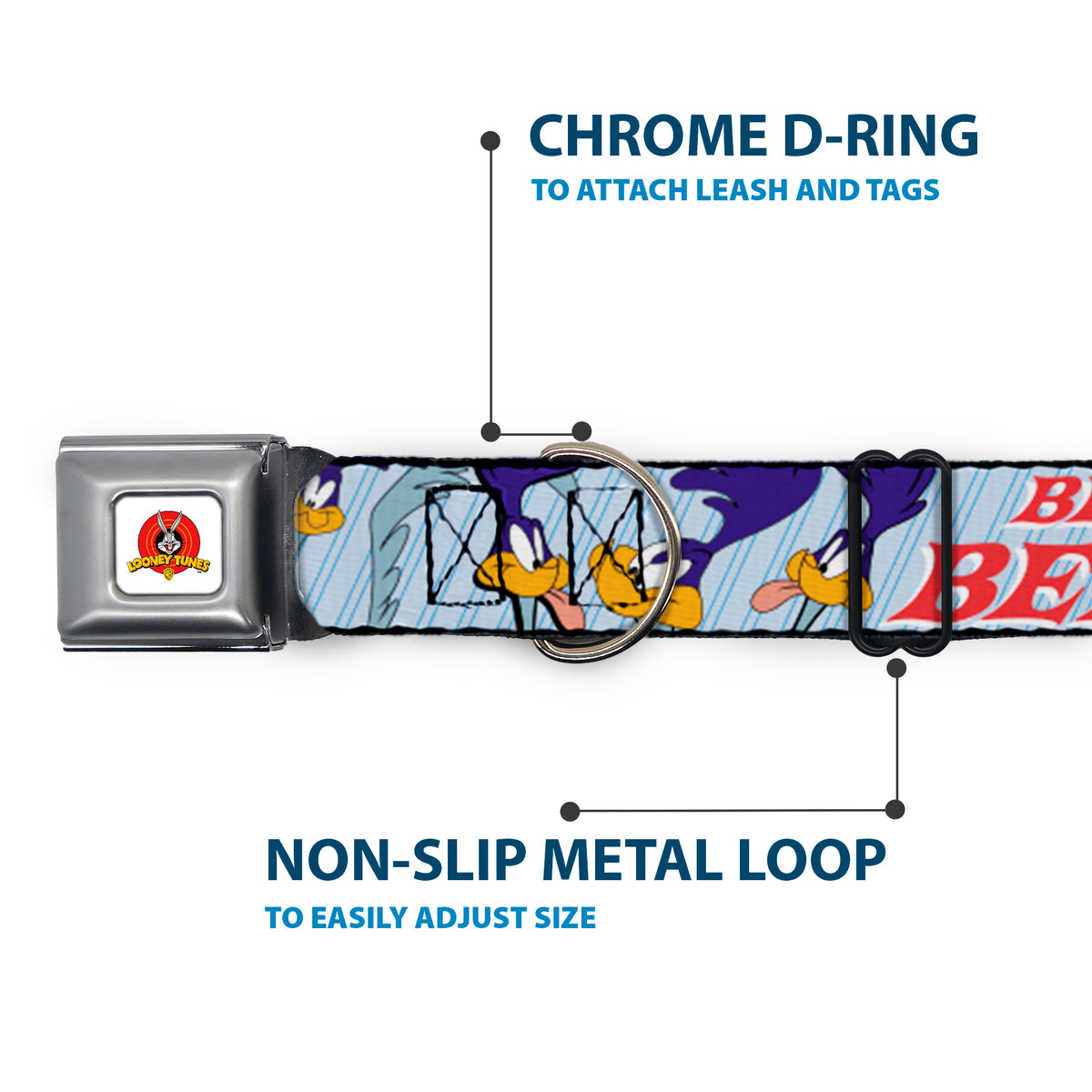 Looney Tunes Logo White Seatbelt Buckle Collar - MEEP MEEP!! w/Road Runner Poses Baby Blue Dog Collars Seatbelt Buckle Looney Tunes
