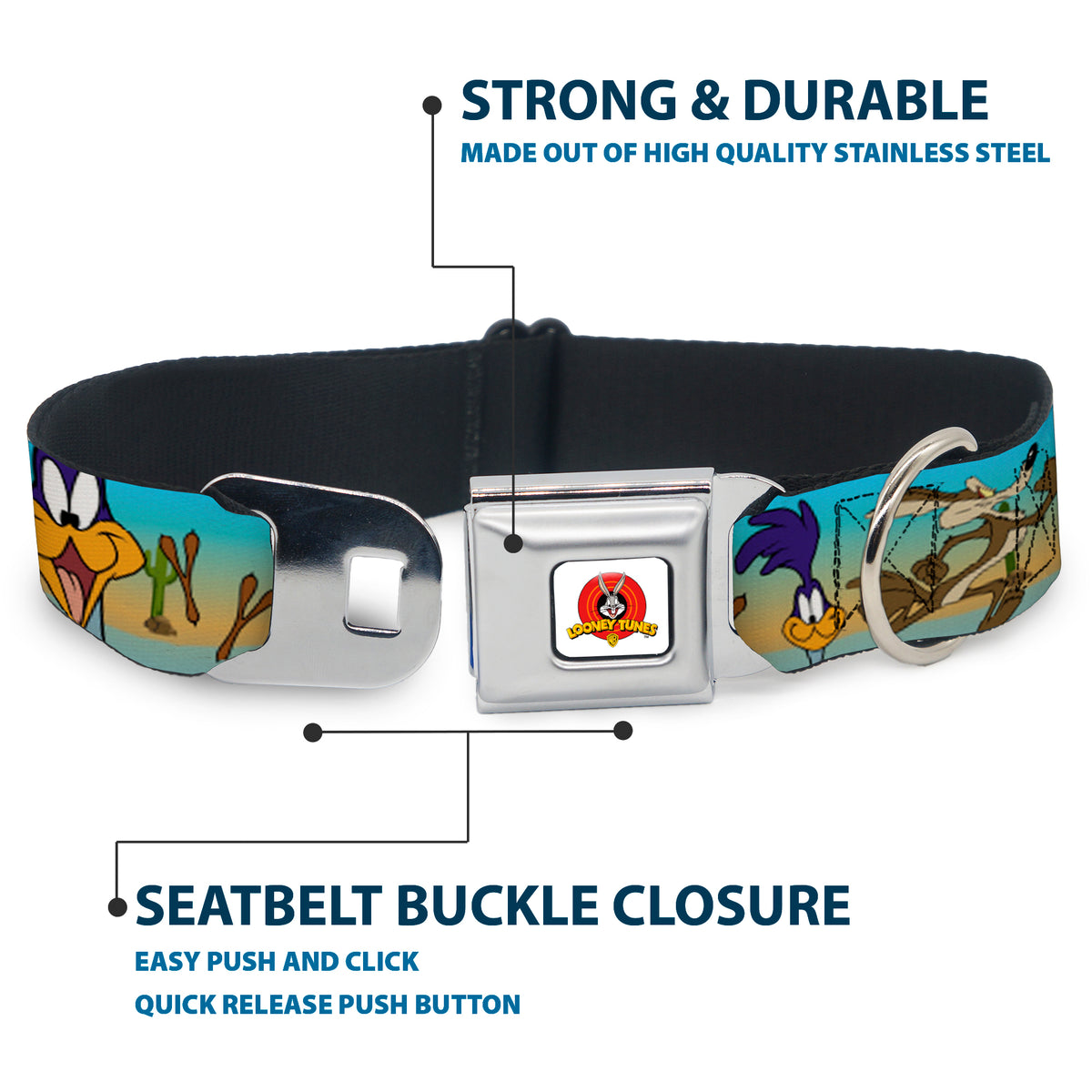 Looney Tunes Logo White Seatbelt Buckle Collar - Road Runner/Wile E. Coyote Scene1 Brown Fade Dog Collars Seatbelt Buckle Looney Tunes