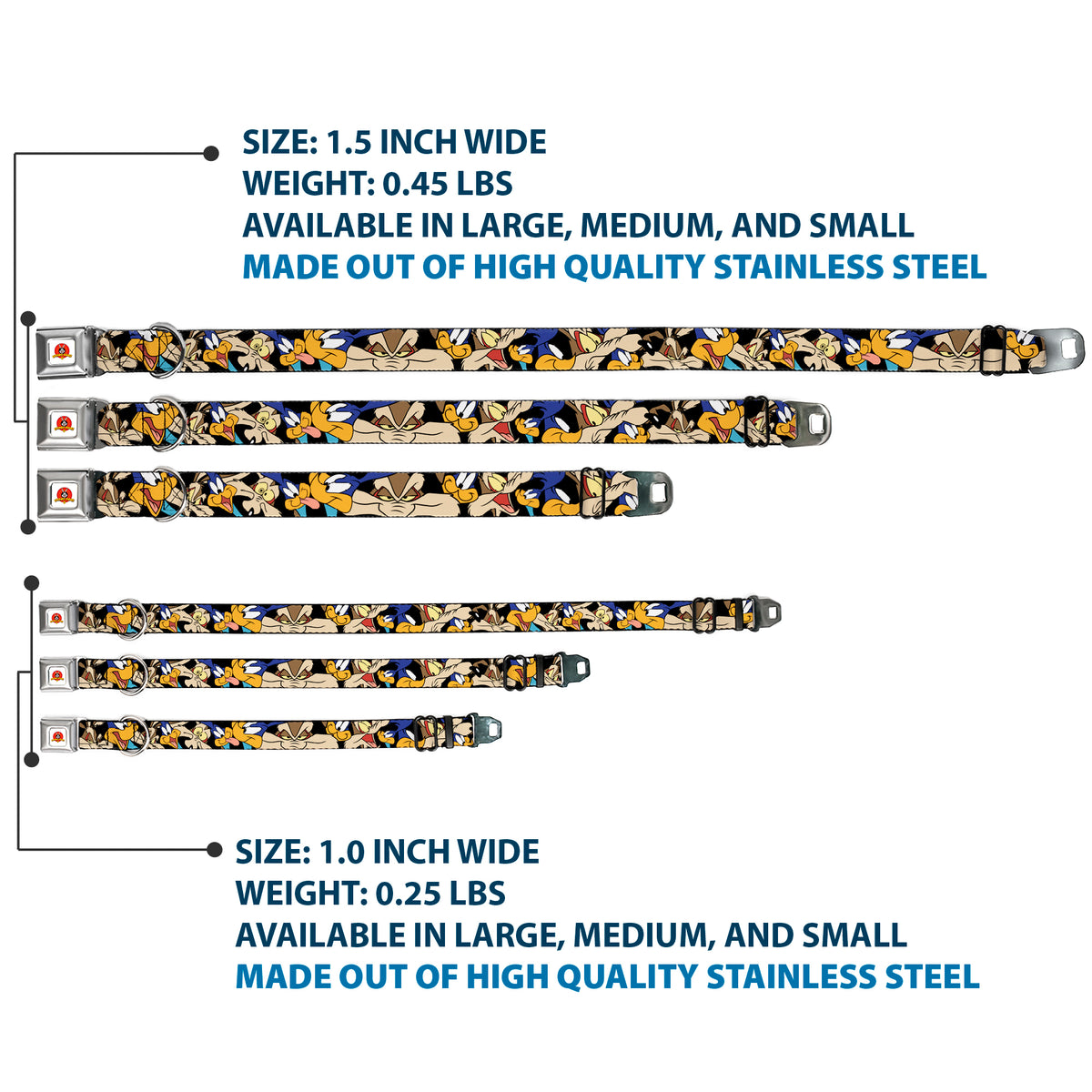 Looney Tunes Logo White Seatbelt Buckle Collar - Road Runner/Wile E. Coyote Expressions Stacked Black Dog Collars Seatbelt Buckle Looney Tunes