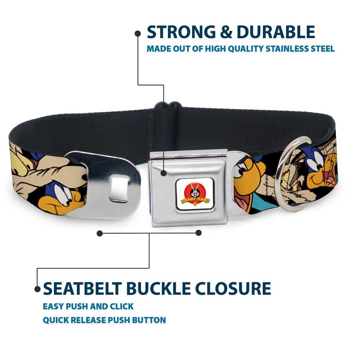 Looney Tunes Logo White Seatbelt Buckle Collar - Road Runner/Wile E. Coyote Expressions Stacked Black Dog Collars Seatbelt Buckle Looney Tunes