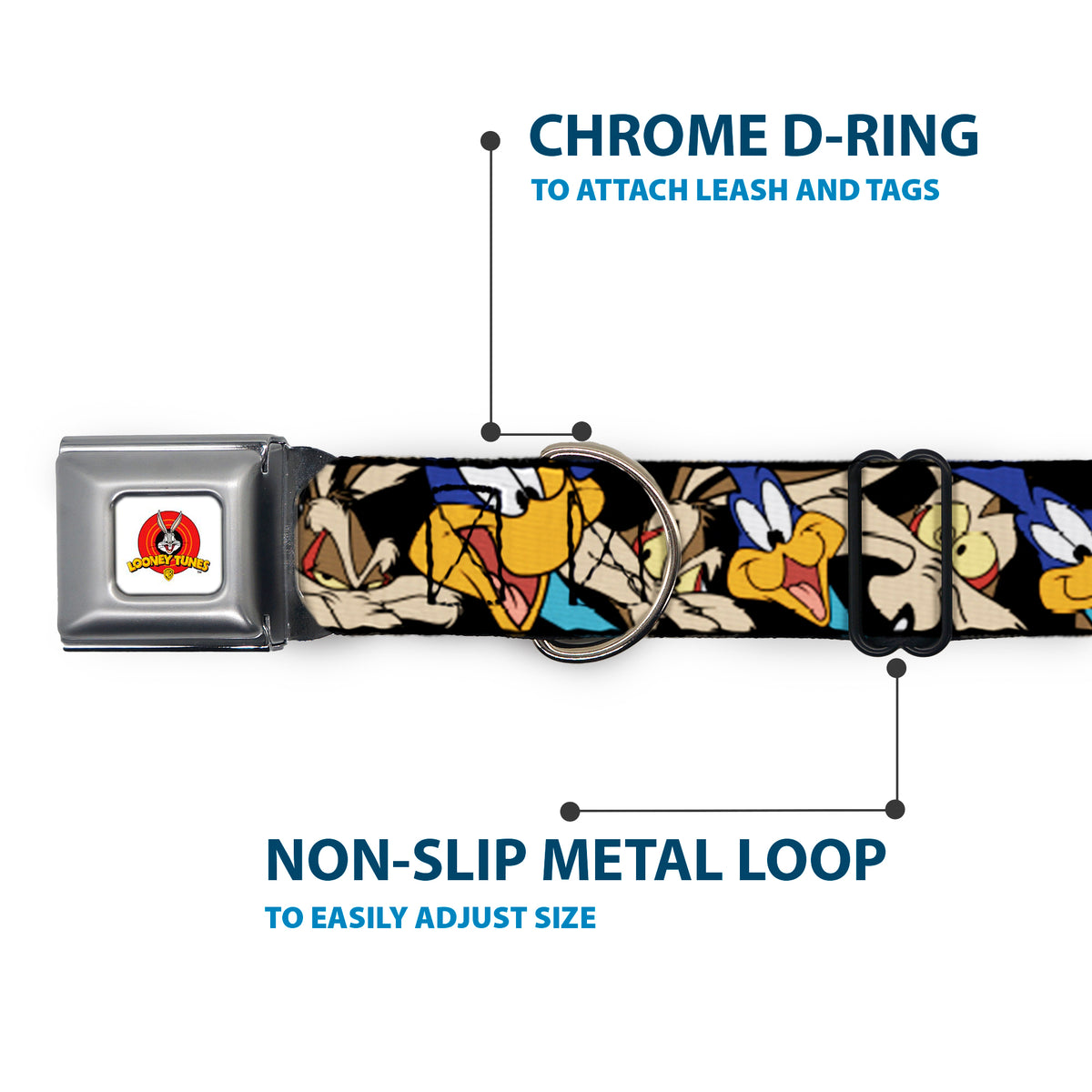 Looney Tunes Logo White Seatbelt Buckle Collar - Road Runner/Wile E. Coyote Expressions Stacked Black Dog Collars Seatbelt Buckle Looney Tunes