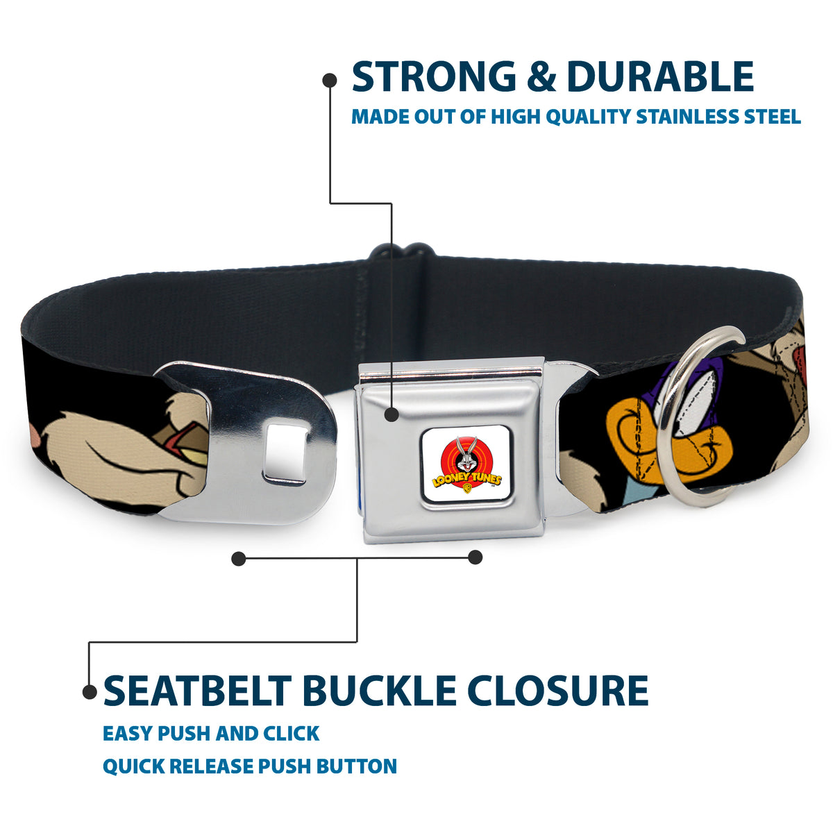 Looney Tunes Logo White Seatbelt Buckle Collar - Road Runner/Wile E. Coyote Expressions CLOSE-UP Black Dog Collars Seatbelt Buckle Looney Tunes