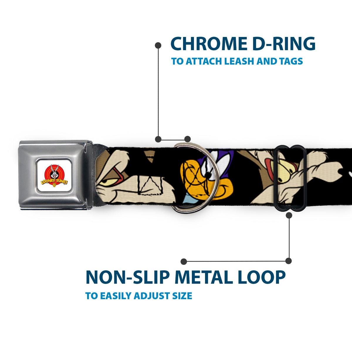 Looney Tunes Logo White Seatbelt Buckle Collar - Road Runner/Wile E. Coyote Expressions CLOSE-UP Black Dog Collars Seatbelt Buckle Looney Tunes
