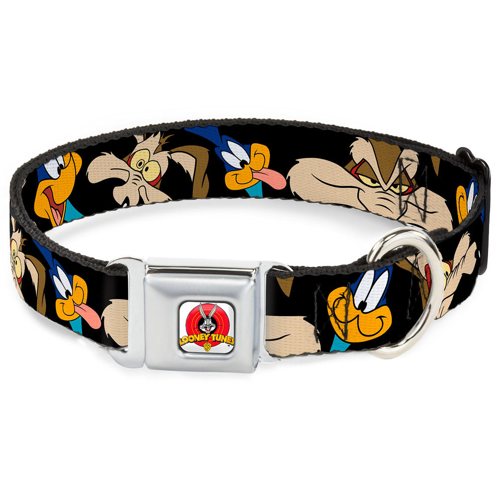 Looney Tunes Logo White Seatbelt Buckle Collar - Road Runner/Wile E. Coyote Expressions CLOSE-UP Black Dog Collars Seatbelt Buckle Looney Tunes