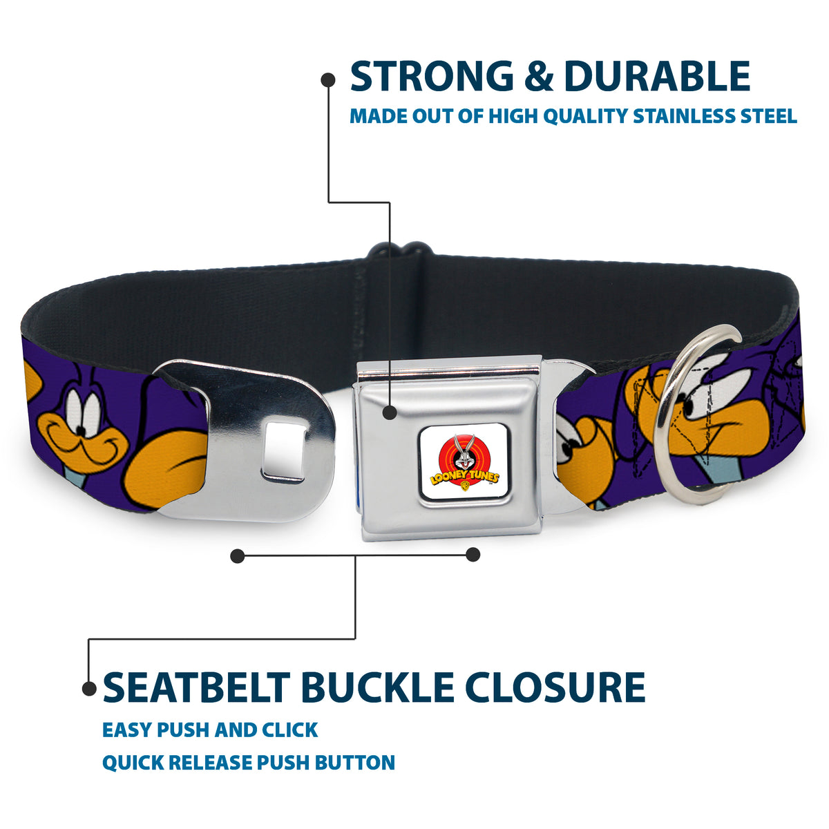 Looney Tunes Logo White Seatbelt Buckle Collar - Road Runner Expressions Royal Dog Collars Seatbelt Buckle Looney Tunes