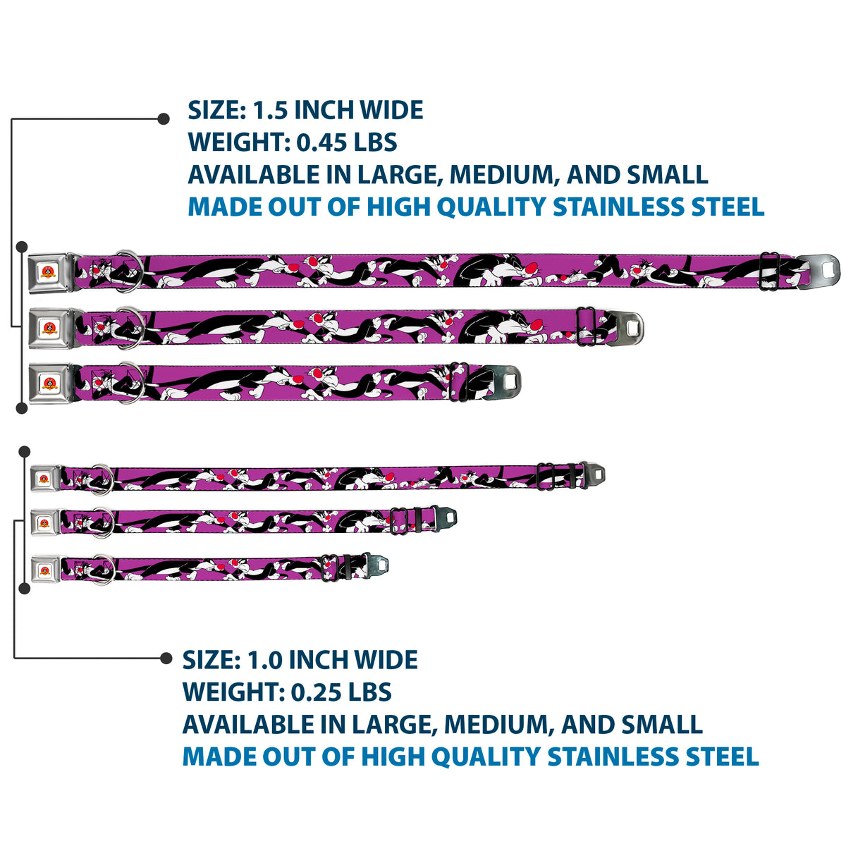 Looney Tunes Logo Full Color White Seatbelt Buckle Collar - Sylvester the Cat Poses Purple Dog Collars Seatbelt Buckle Looney Tunes