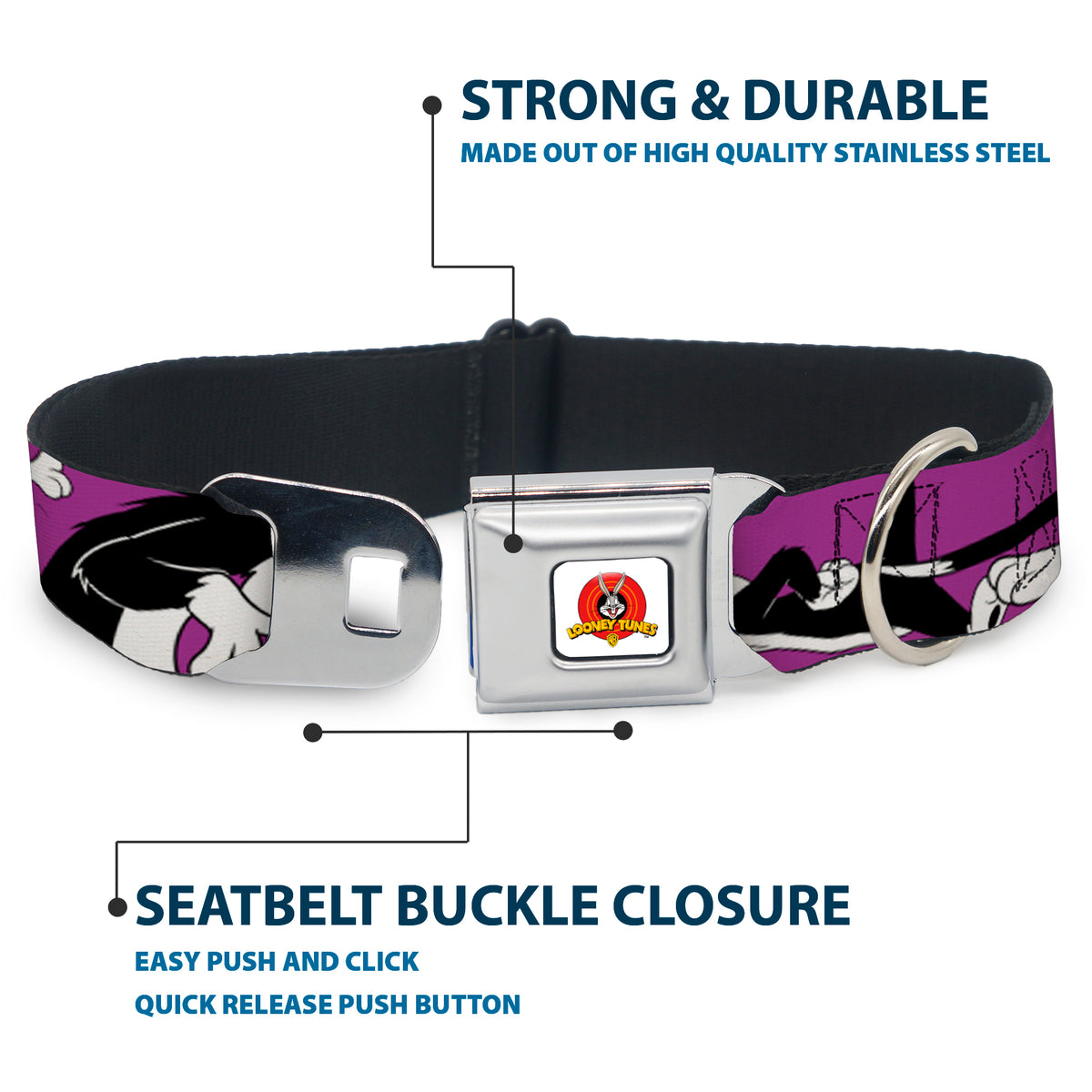 Looney Tunes Logo Full Color White Seatbelt Buckle Collar - Sylvester the Cat Poses Purple Dog Collars Seatbelt Buckle Looney Tunes