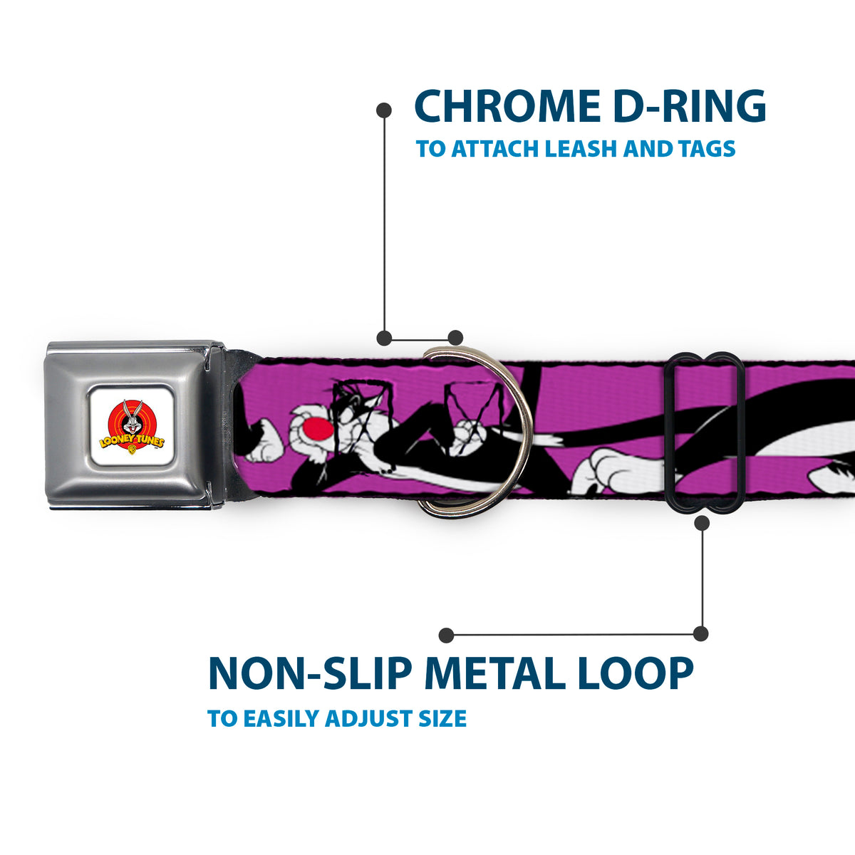 Looney Tunes Logo Full Color White Seatbelt Buckle Collar - Sylvester the Cat Poses Purple Dog Collars Seatbelt Buckle Looney Tunes