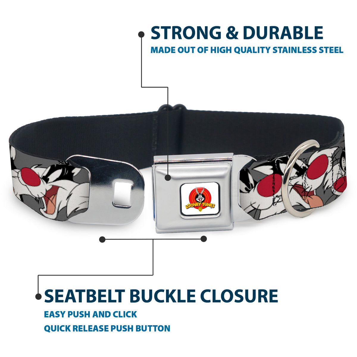 Looney Tunes Logo Full Color White Seatbelt Buckle Collar - Sylvester the Cat Expressions Gray Dog Collars Seatbelt Buckle Looney Tunes