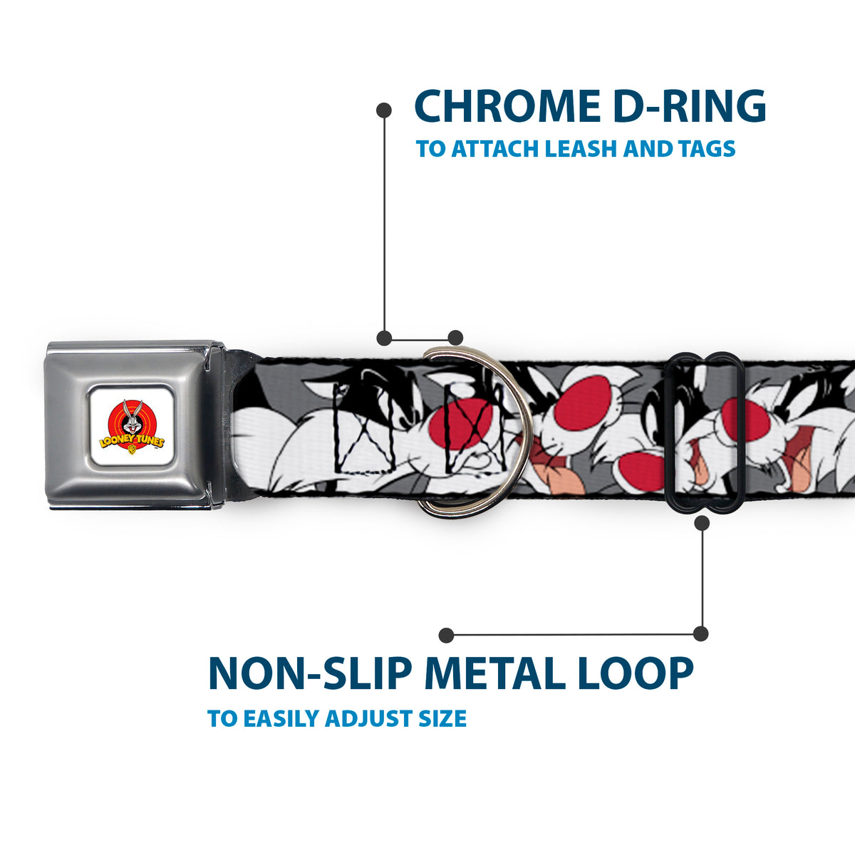 Looney Tunes Logo Full Color White Seatbelt Buckle Collar - Sylvester the Cat Expressions Gray Dog Collars Seatbelt Buckle Looney Tunes