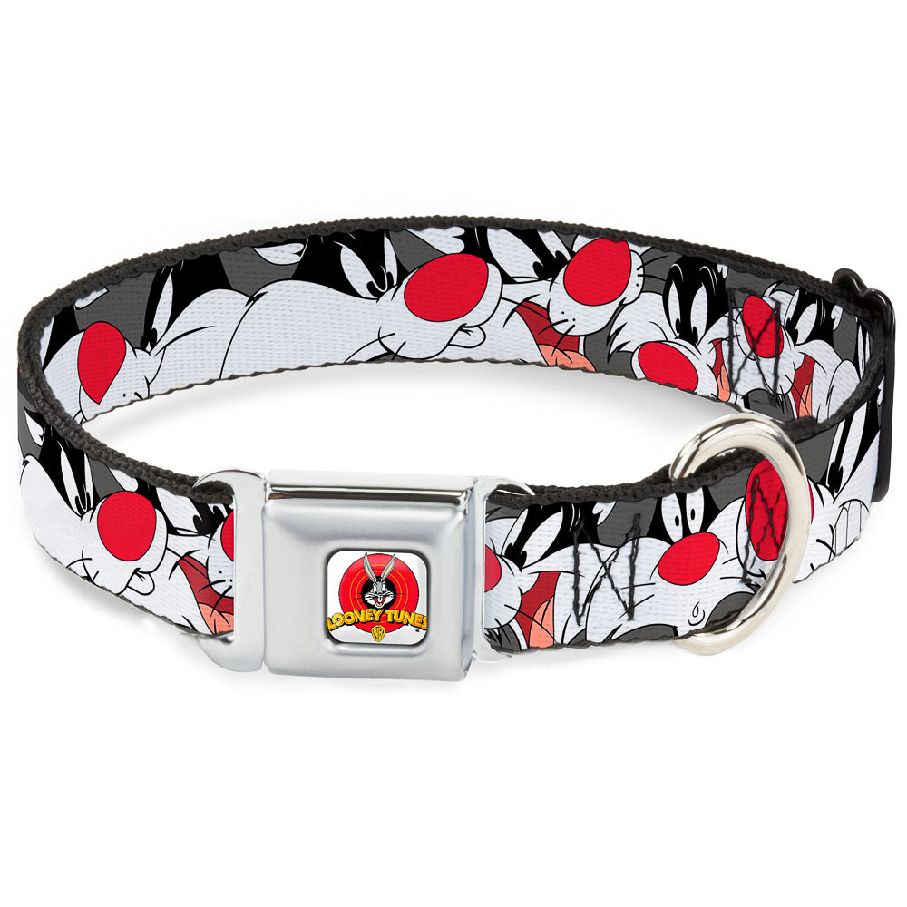 Looney Tunes Logo Full Color White Seatbelt Buckle Collar - Sylvester the Cat Expressions Gray Dog Collars Seatbelt Buckle Looney Tunes