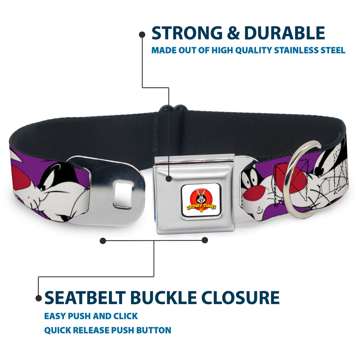 Looney Tunes Logo Full Color White Seatbelt Buckle Collar - Sylvester the Cat Expressions Purple Dog Collars Seatbelt Buckle Looney Tunes