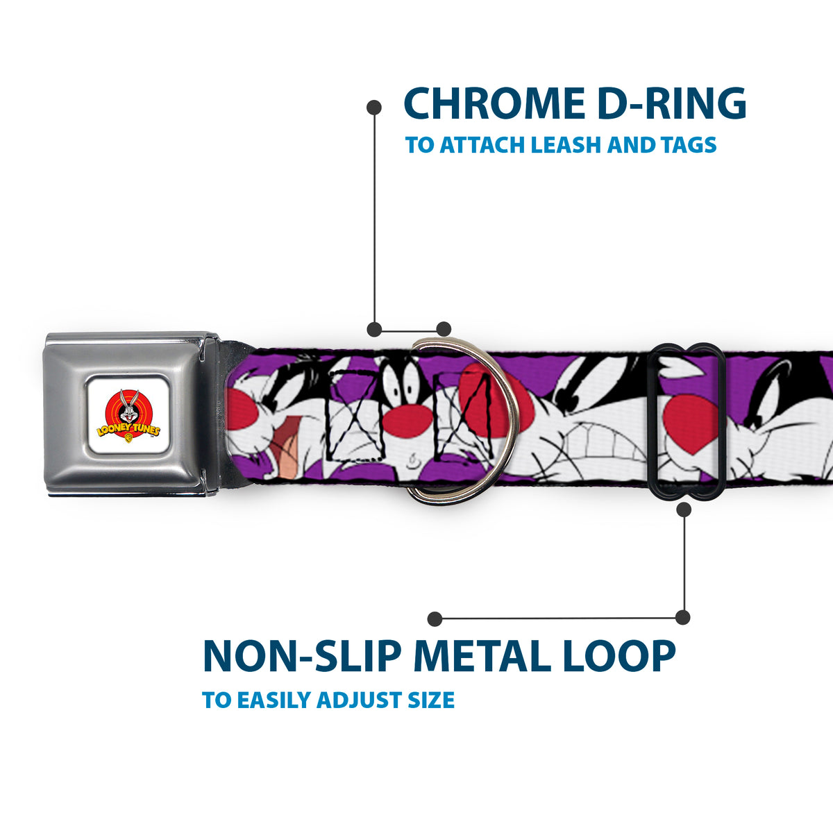 Looney Tunes Logo Full Color White Seatbelt Buckle Collar - Sylvester the Cat Expressions Purple Dog Collars Seatbelt Buckle Looney Tunes