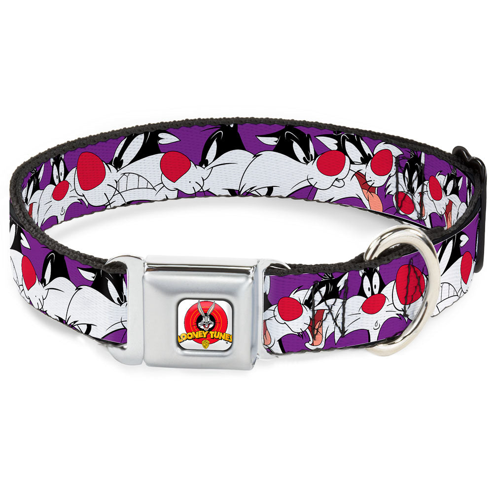Looney Tunes Logo Full Color White Seatbelt Buckle Collar - Sylvester the Cat Expressions Purple Dog Collars Seatbelt Buckle Looney Tunes