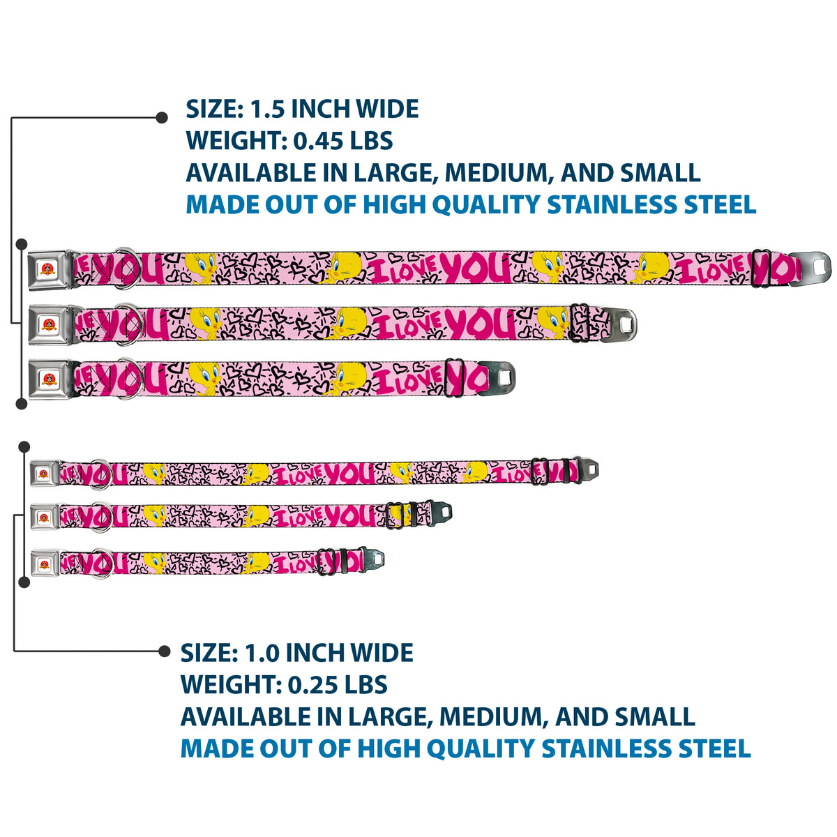 Looney Tunes Logo Full Color White Seatbelt Buckle Collar - Tweety Bird I LOVE YOU Pink/Black Dog Collars Seatbelt Buckle Looney Tunes