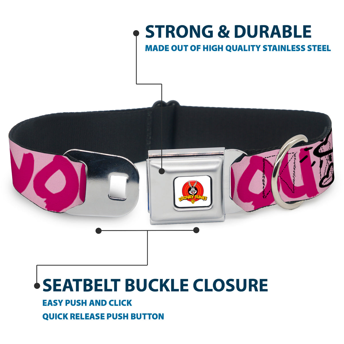 Looney Tunes Logo Full Color White Seatbelt Buckle Collar - Tweety Bird I LOVE YOU Pink/Black Dog Collars Seatbelt Buckle Looney Tunes