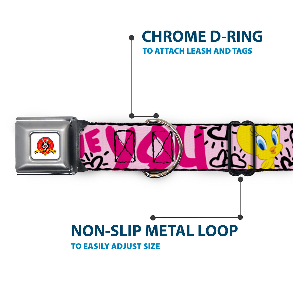Looney Tunes Logo Full Color White Seatbelt Buckle Collar - Tweety Bird I LOVE YOU Pink/Black Dog Collars Seatbelt Buckle Looney Tunes