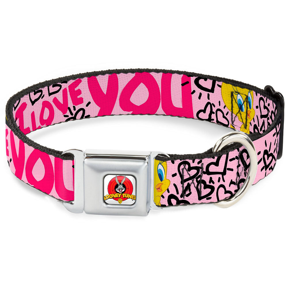Looney Tunes Logo Full Color White Seatbelt Buckle Collar - Tweety Bird I LOVE YOU Pink/Black Dog Collars Seatbelt Buckle Looney Tunes