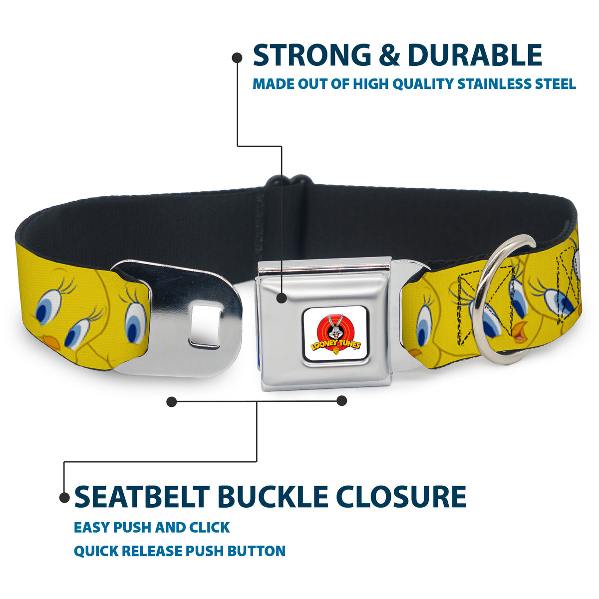 Looney Tunes Logo Full Color White Seatbelt Buckle Collar - Tweety Bird Expressions Yellow Dog Collars Seatbelt Buckle Looney Tunes