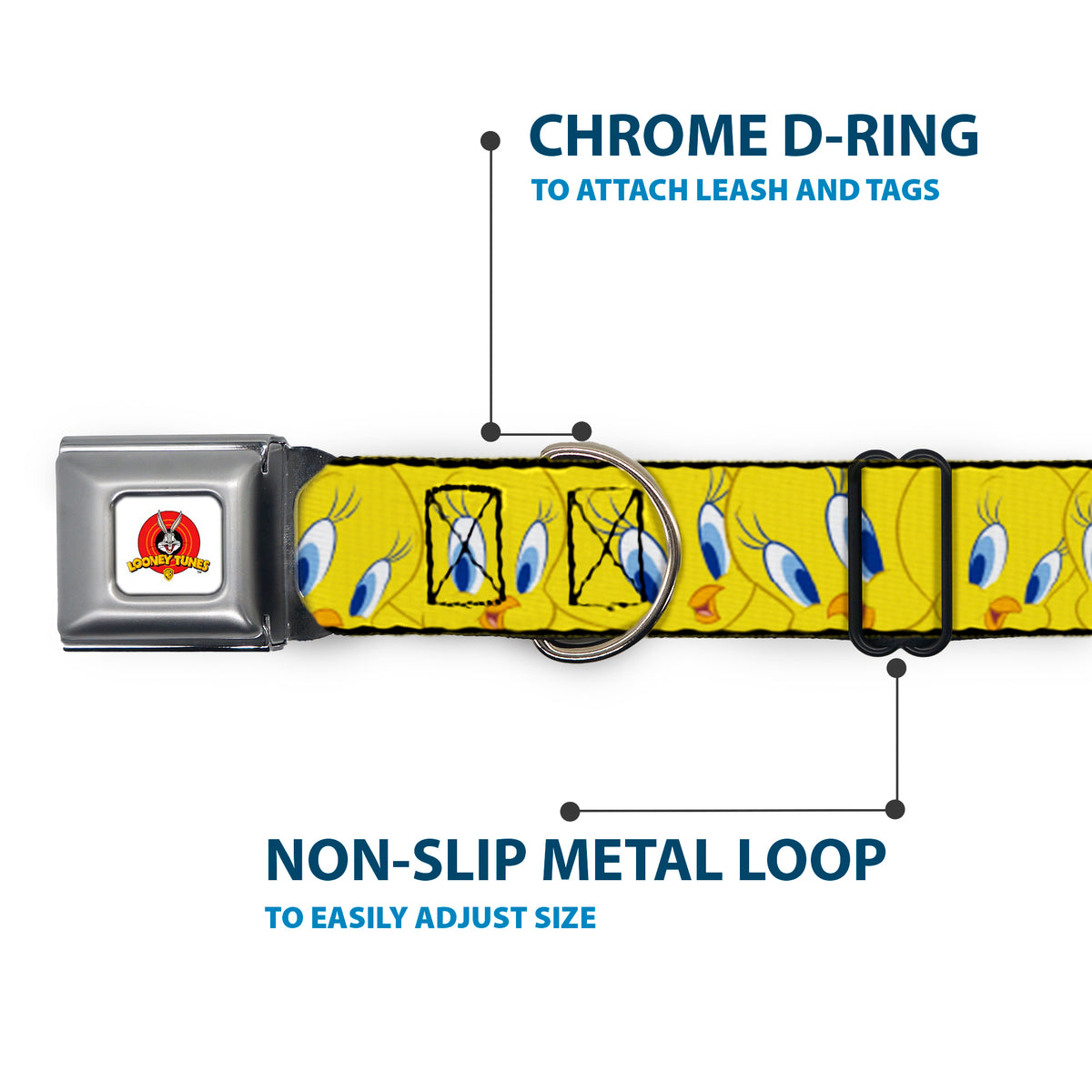 Looney Tunes Logo Full Color White Seatbelt Buckle Collar - Tweety Bird Expressions Yellow Dog Collars Seatbelt Buckle Looney Tunes