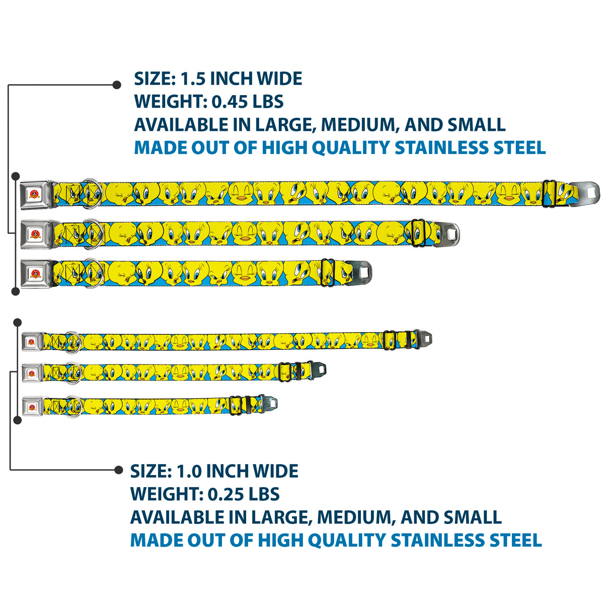 Looney Tunes Logo Full Color White Seatbelt Buckle Collar - Tweety Bird CLOSE-UP Expressions Baby Blue Dog Collars Seatbelt Buckle Looney Tunes