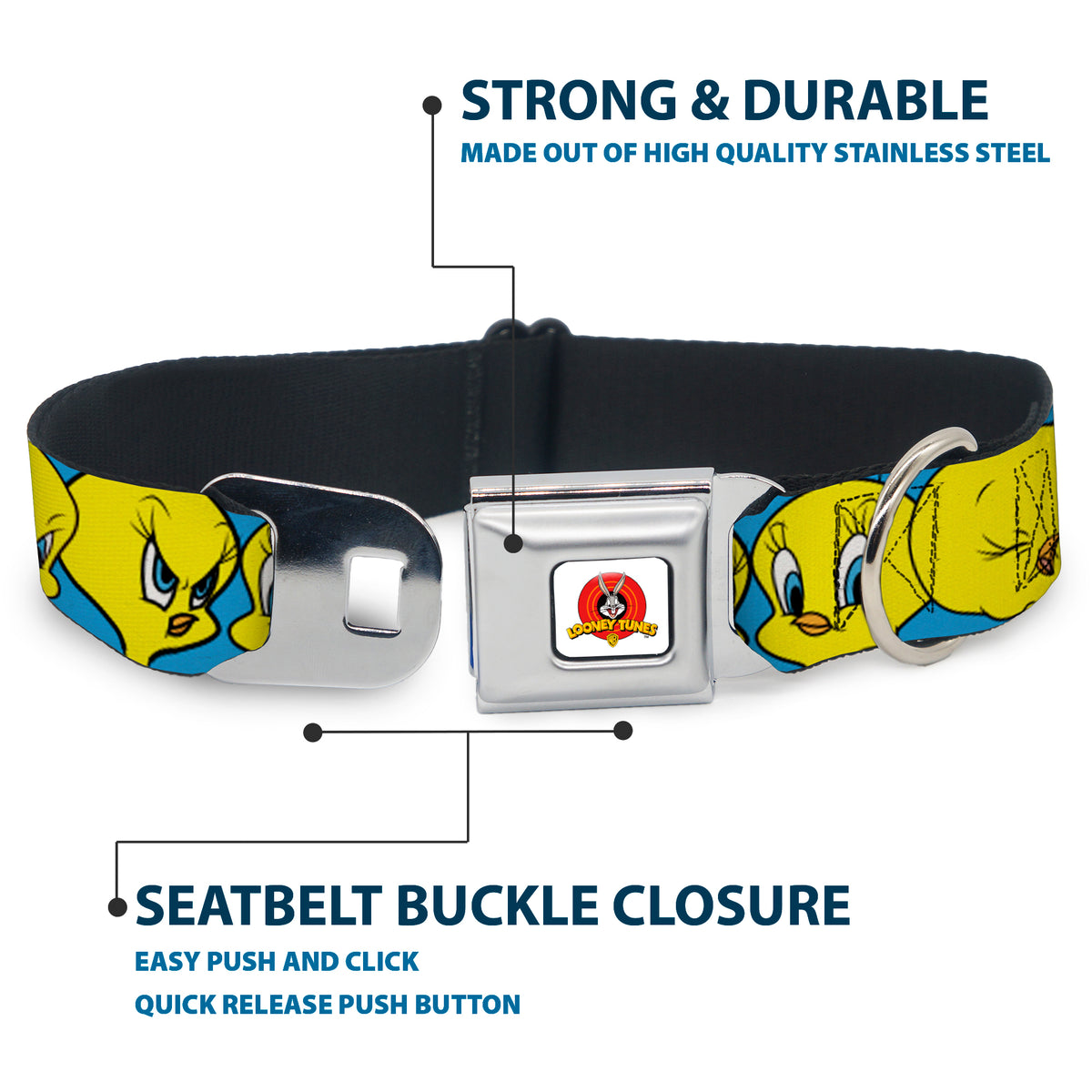 Looney Tunes Logo Full Color White Seatbelt Buckle Collar - Tweety Bird CLOSE-UP Expressions Baby Blue Dog Collars Seatbelt Buckle Looney Tunes