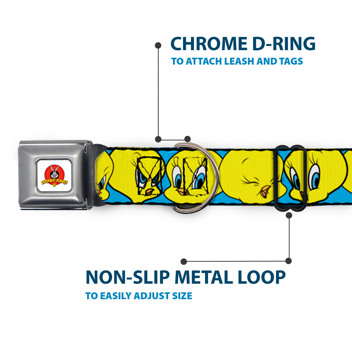 Looney Tunes Logo Full Color White Seatbelt Buckle Collar - Tweety Bird CLOSE-UP Expressions Baby Blue Dog Collars Seatbelt Buckle Looney Tunes