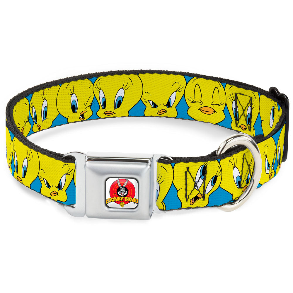 Looney Tunes Logo Full Color White Seatbelt Buckle Collar - Tweety Bird CLOSE-UP Expressions Baby Blue Dog Collars Seatbelt Buckle Looney Tunes