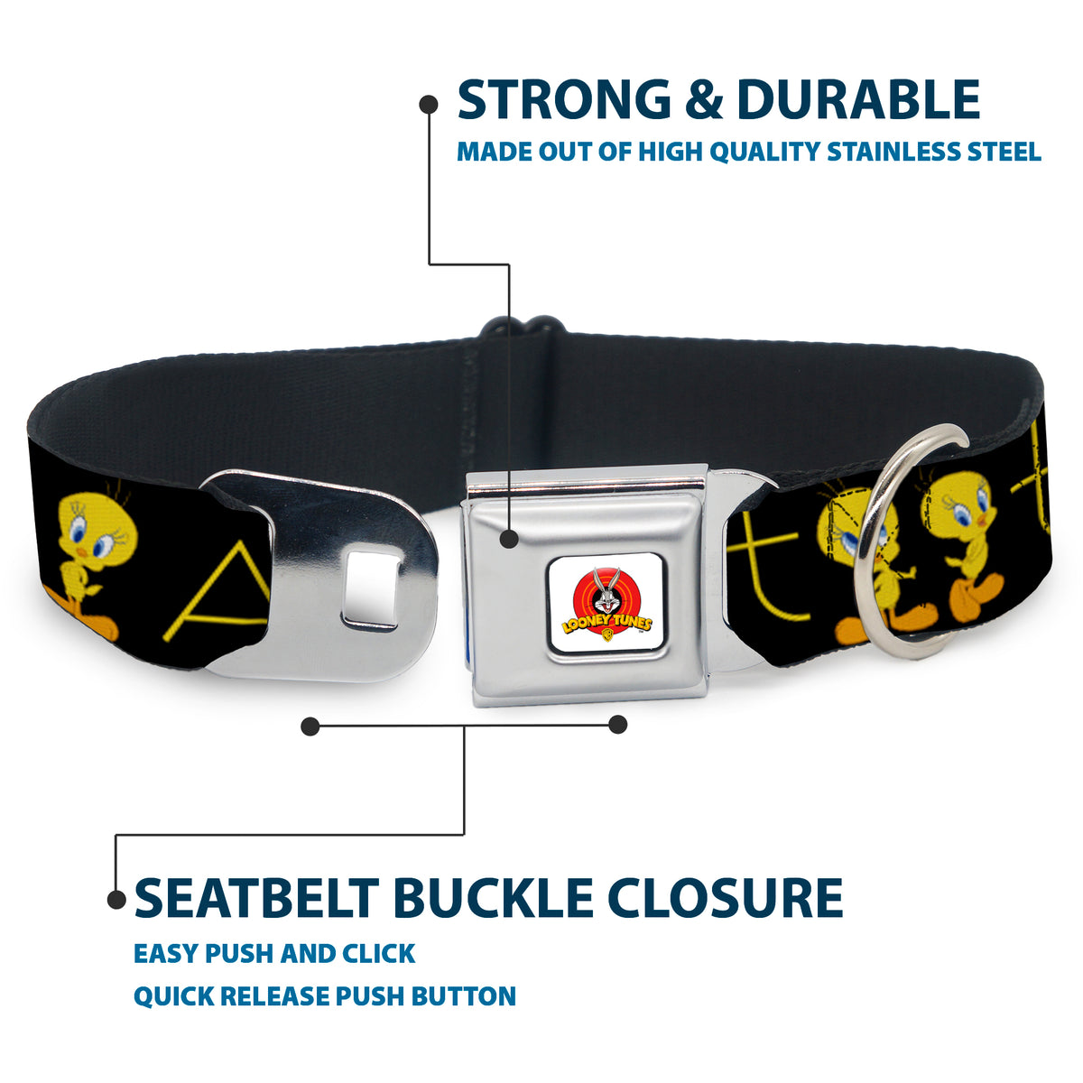 Looney Tunes Logo Full Color White Seatbelt Buckle Collar - Tweety Bird Poses CUTE AND SWEET Black/Yellow Dog Collars Seatbelt Buckle Looney Tunes