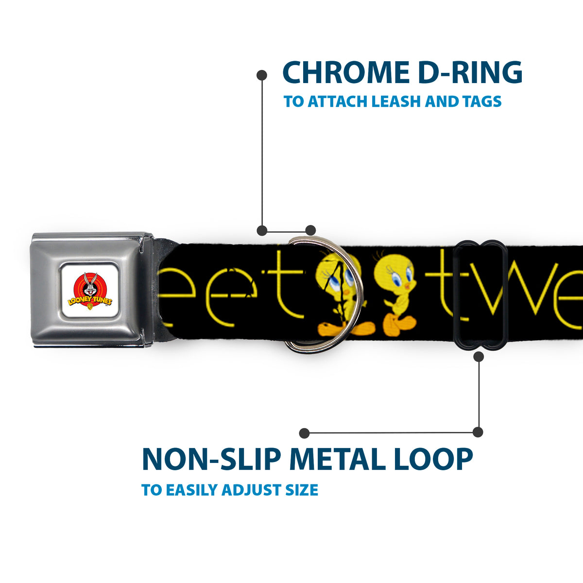 Looney Tunes Logo Full Color White Seatbelt Buckle Collar - Tweety Bird Poses CUTE AND SWEET Black/Yellow Dog Collars Seatbelt Buckle Looney Tunes