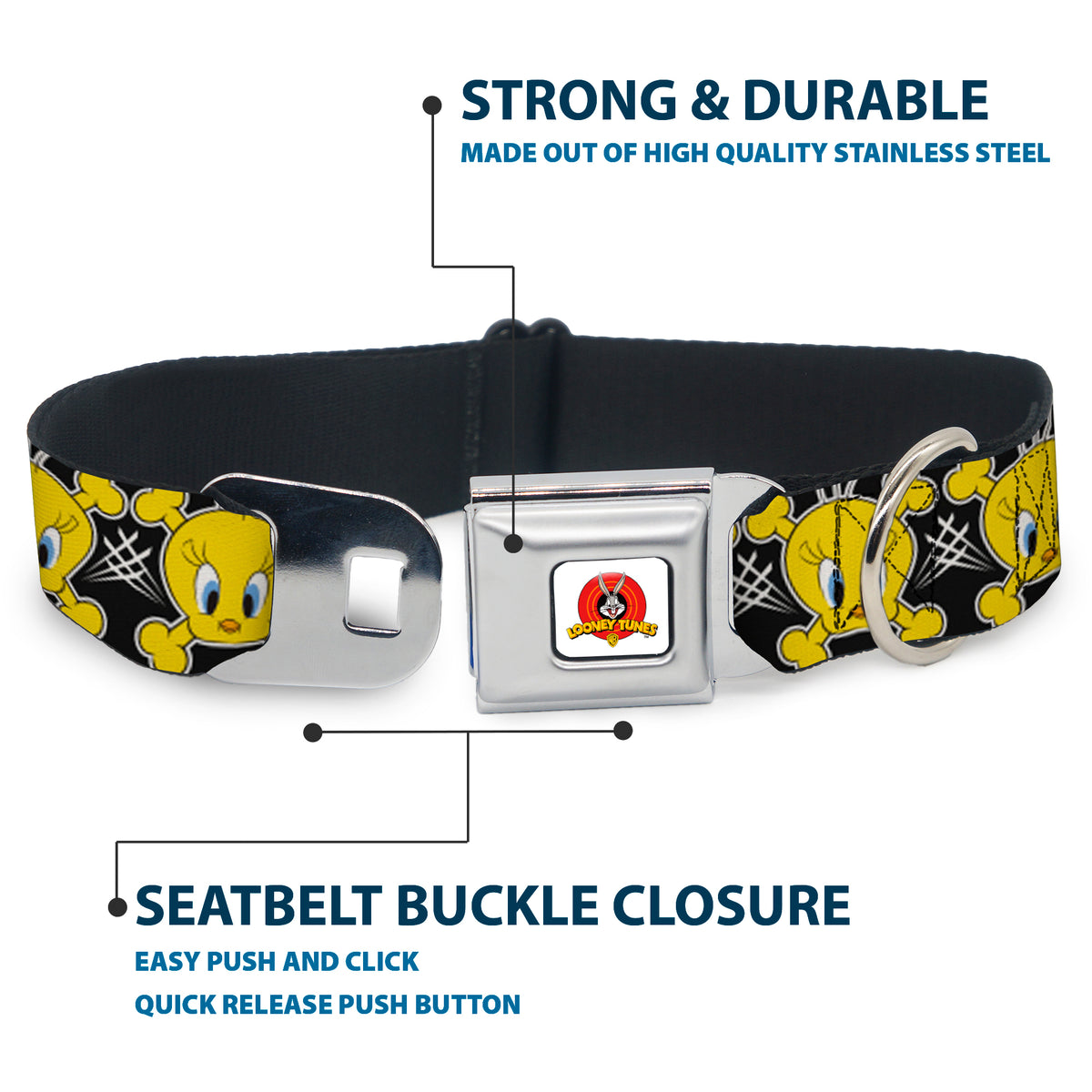 Looney Tunes Logo Full Color White Seatbelt Buckle Collar - Tweety Bird & Crossbones Black/White/Yellow Dog Collars Seatbelt Buckle Looney Tunes