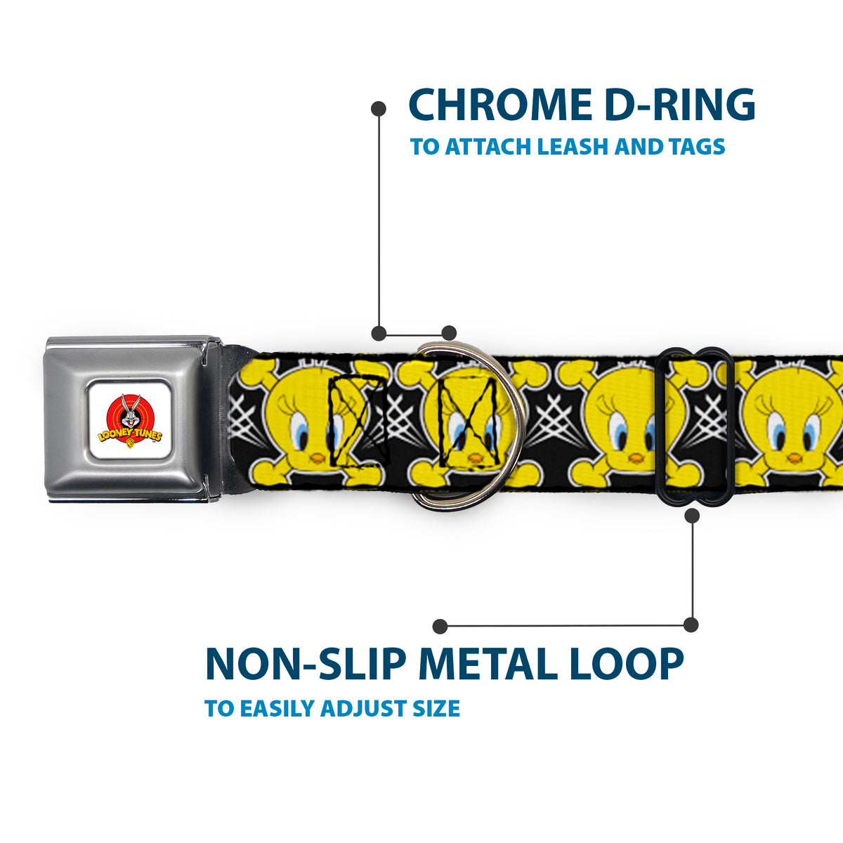 Looney Tunes Logo Full Color White Seatbelt Buckle Collar - Tweety Bird & Crossbones Black/White/Yellow Dog Collars Seatbelt Buckle Looney Tunes