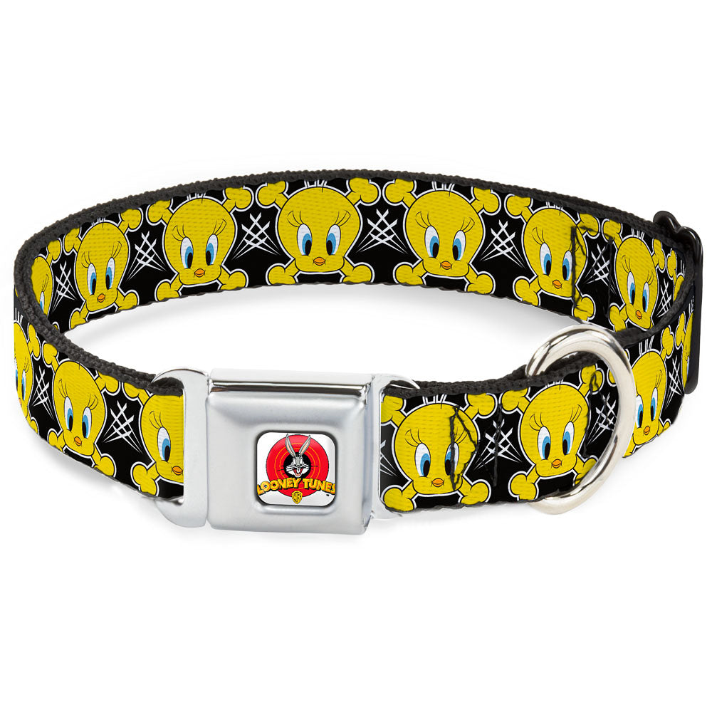 Looney Tunes Logo Full Color White Seatbelt Buckle Collar - Tweety Bird & Crossbones Black/White/Yellow Dog Collars Seatbelt Buckle Looney Tunes