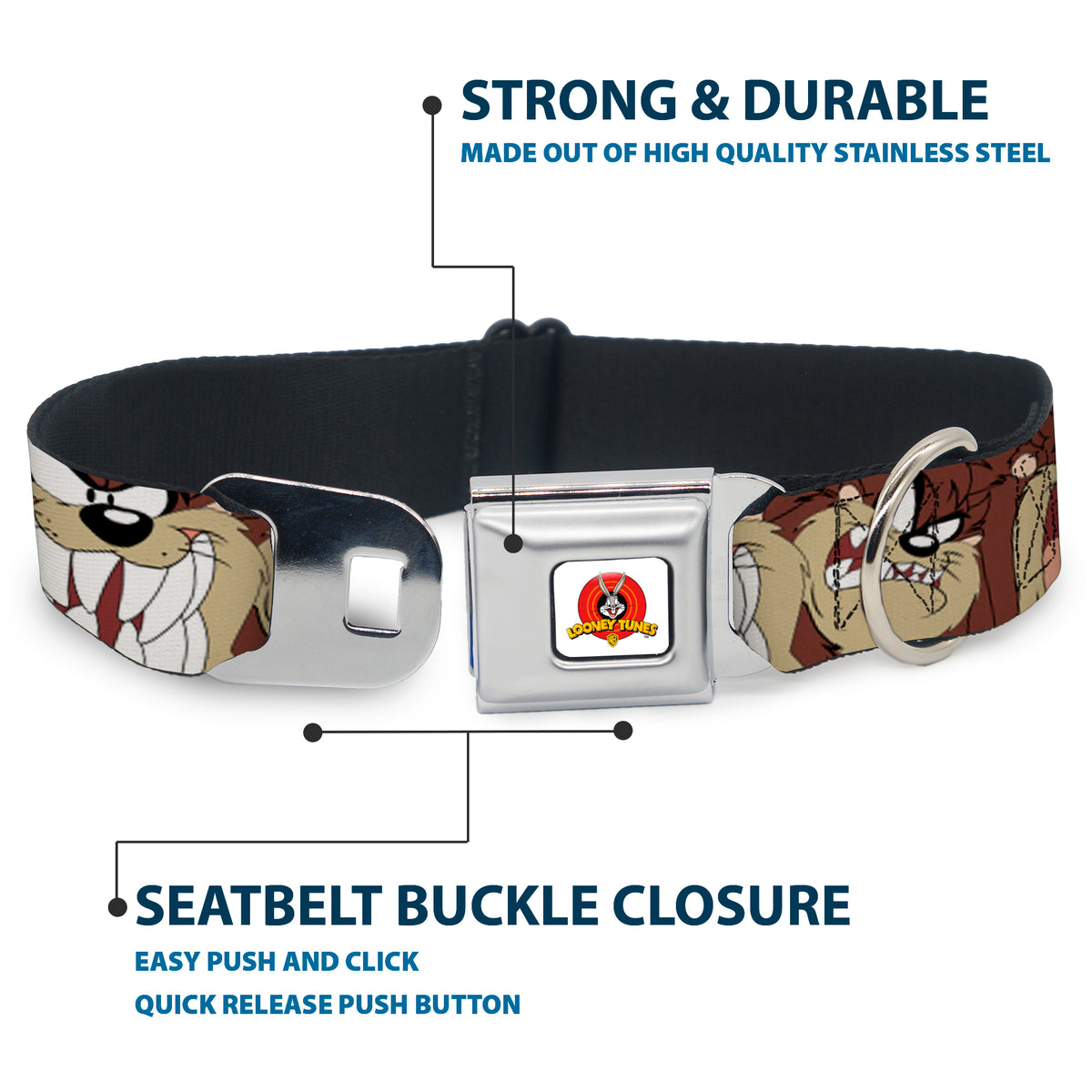 Looney Tunes Logo Full Color White Seatbelt Buckle Collar - Tasmanian Devil Expressions Brown Dog Collars Seatbelt Buckle Looney Tunes