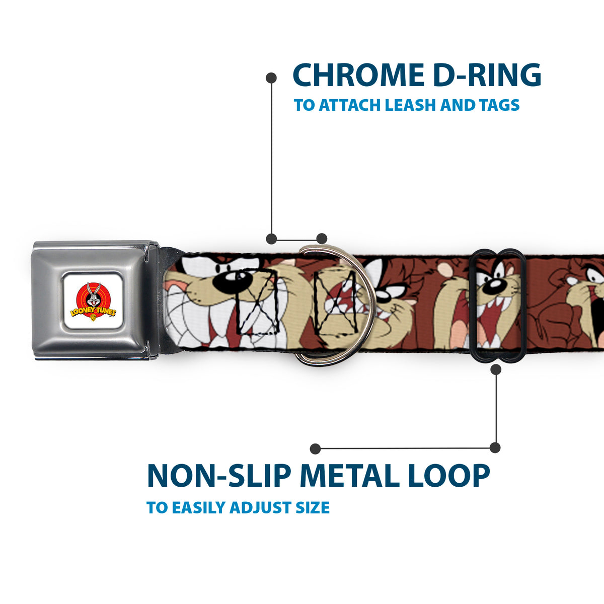 Looney Tunes Logo Full Color White Seatbelt Buckle Collar - Tasmanian Devil Expressions Brown Dog Collars Seatbelt Buckle Looney Tunes