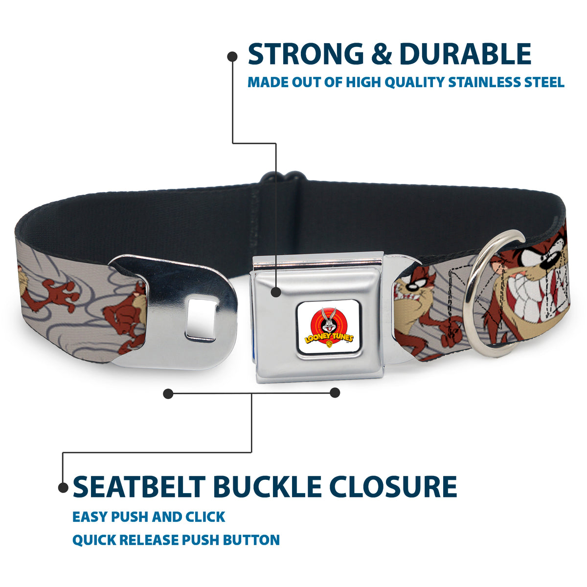 Looney Tunes Logo Full Color White Seatbelt Buckle Collar - Tasmanian Devil Expressions Gray Swirl Dog Collars Seatbelt Buckle Looney Tunes