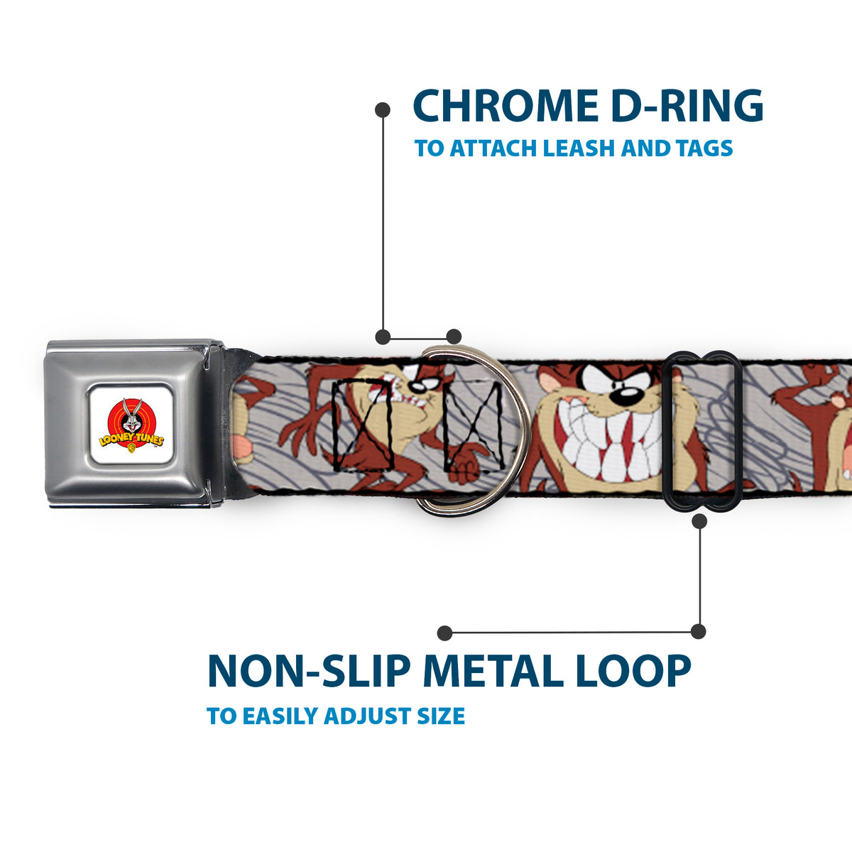 Looney Tunes Logo Full Color White Seatbelt Buckle Collar - Tasmanian Devil Expressions Gray Swirl Dog Collars Seatbelt Buckle Looney Tunes