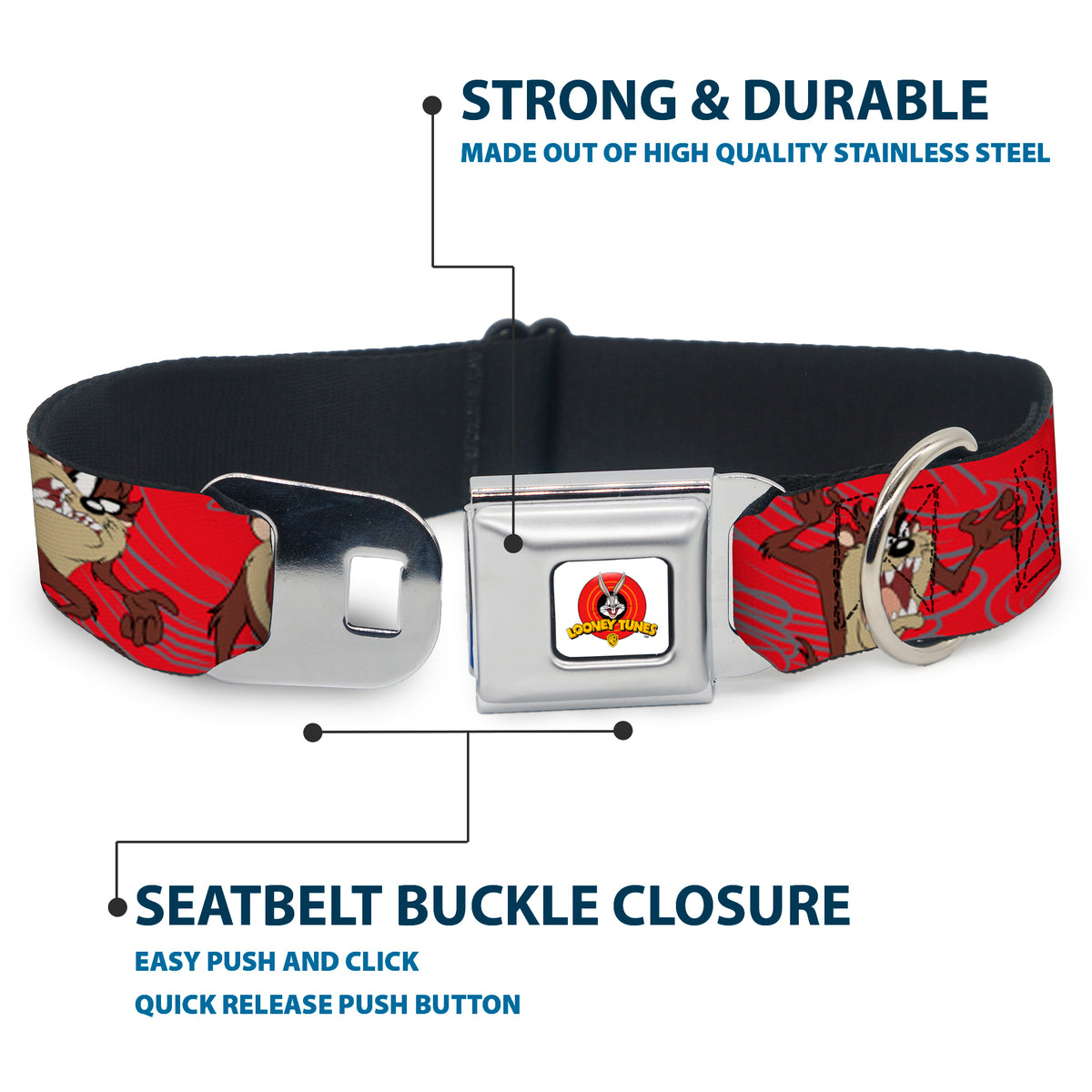 Looney Tunes Logo Full Color White Seatbelt Buckle Collar - Tasmanian Devil Expressions Red Swirl Dog Collars Seatbelt Buckle Looney Tunes