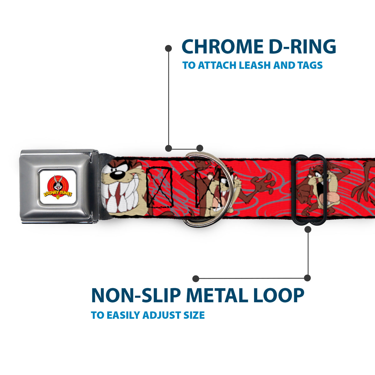 Looney Tunes Logo Full Color White Seatbelt Buckle Collar - Tasmanian Devil Expressions Red Swirl Dog Collars Seatbelt Buckle Looney Tunes