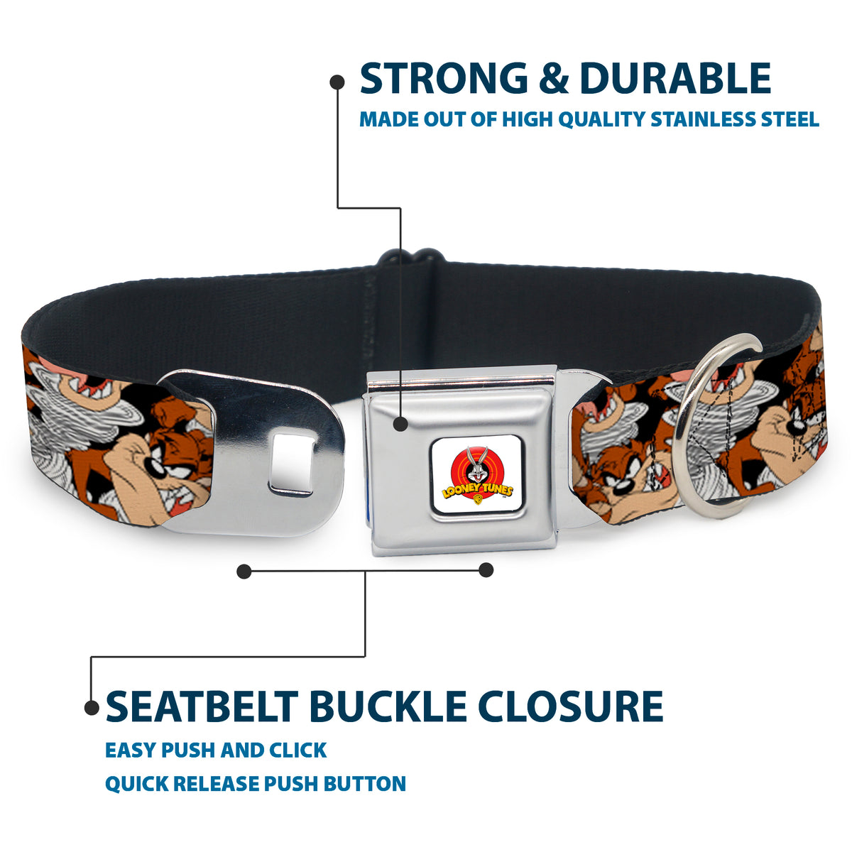 Looney Tunes Logo White Seatbelt Buckle Collar - Tasmanian Devil Vortex Poses Stacked Black Dog Collars Seatbelt Buckle Looney Tunes