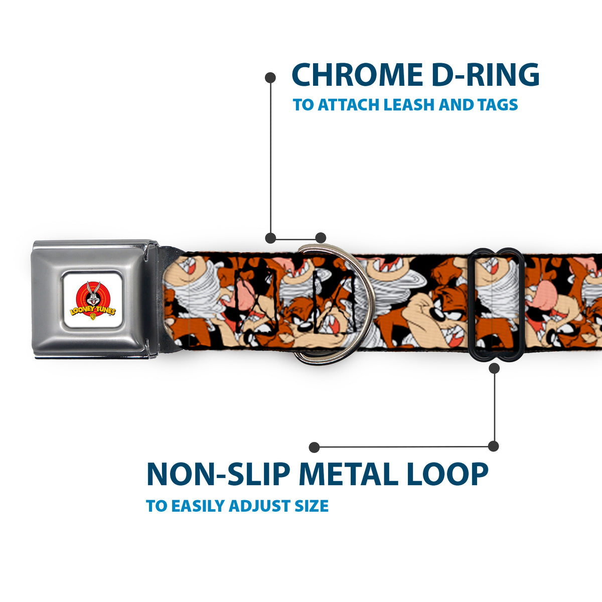 Looney Tunes Logo White Seatbelt Buckle Collar - Tasmanian Devil Vortex Poses Stacked Black Dog Collars Seatbelt Buckle Looney Tunes