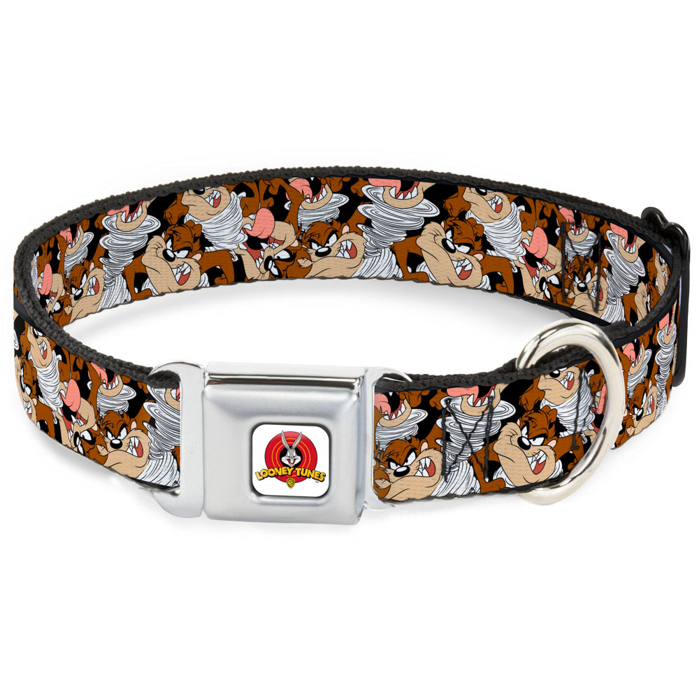 Looney Tunes Logo White Seatbelt Buckle Collar - Tasmanian Devil Vortex Poses Stacked Black Dog Collars Seatbelt Buckle Looney Tunes
