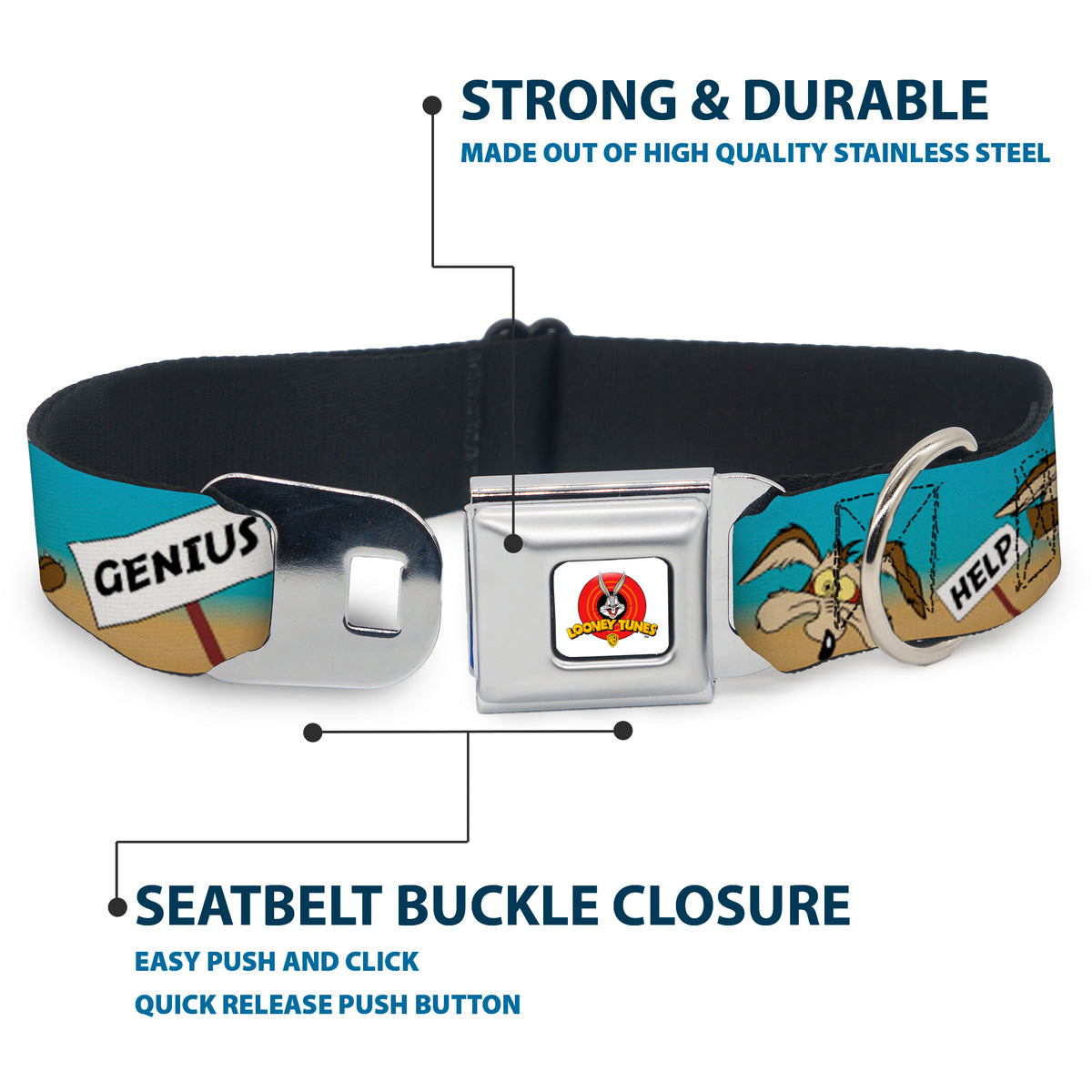 Looney Tunes Logo Full Color White Seatbelt Buckle Collar - WILE E. COYOTE Expressions/Signs Desert Dog Collars Seatbelt Buckle Looney Tunes