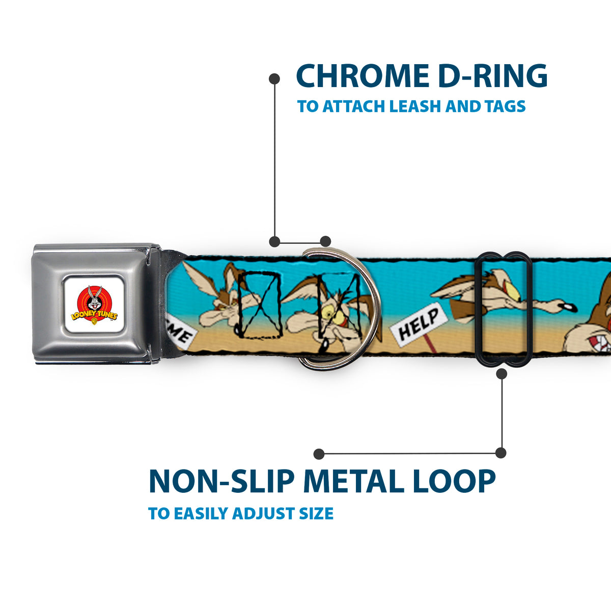 Looney Tunes Logo Full Color White Seatbelt Buckle Collar - WILE E. COYOTE Expressions/Signs Desert Dog Collars Seatbelt Buckle Looney Tunes