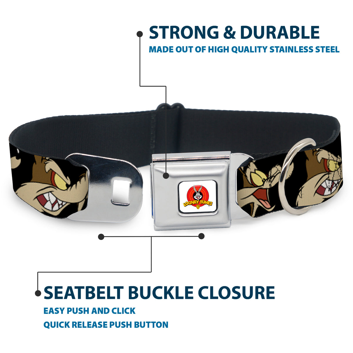 Looney Tunes Logo Full Color White Seatbelt Buckle Collar - Wile E. Coyote Expressions Black Dog Collars Seatbelt Buckle Looney Tunes