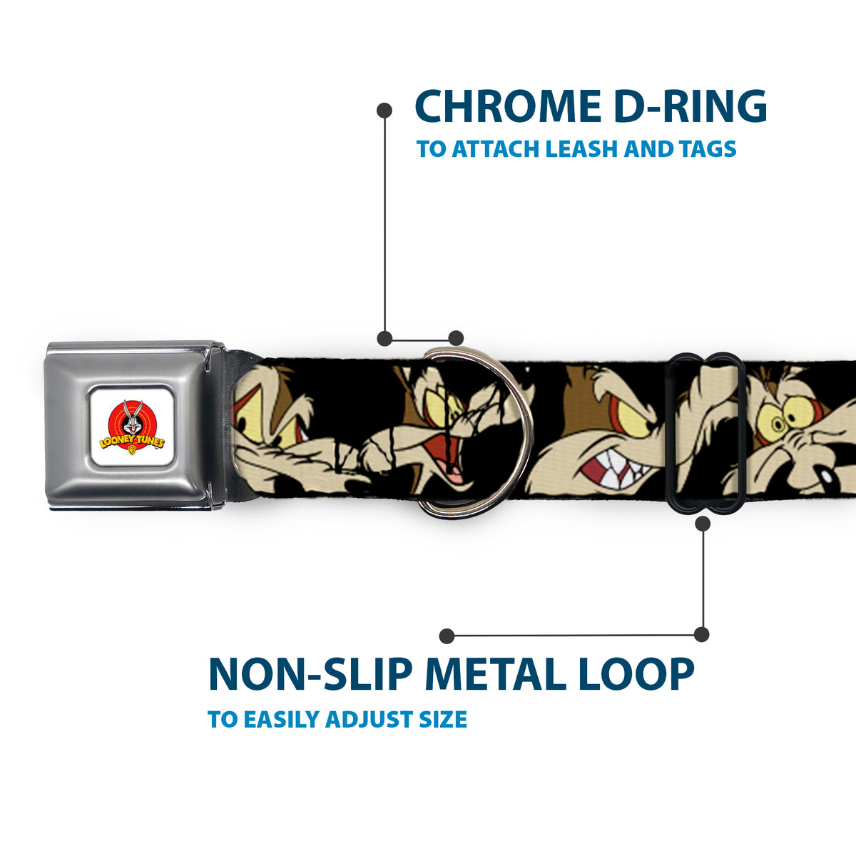 Looney Tunes Logo Full Color White Seatbelt Buckle Collar - Wile E. Coyote Expressions Black Dog Collars Seatbelt Buckle Looney Tunes