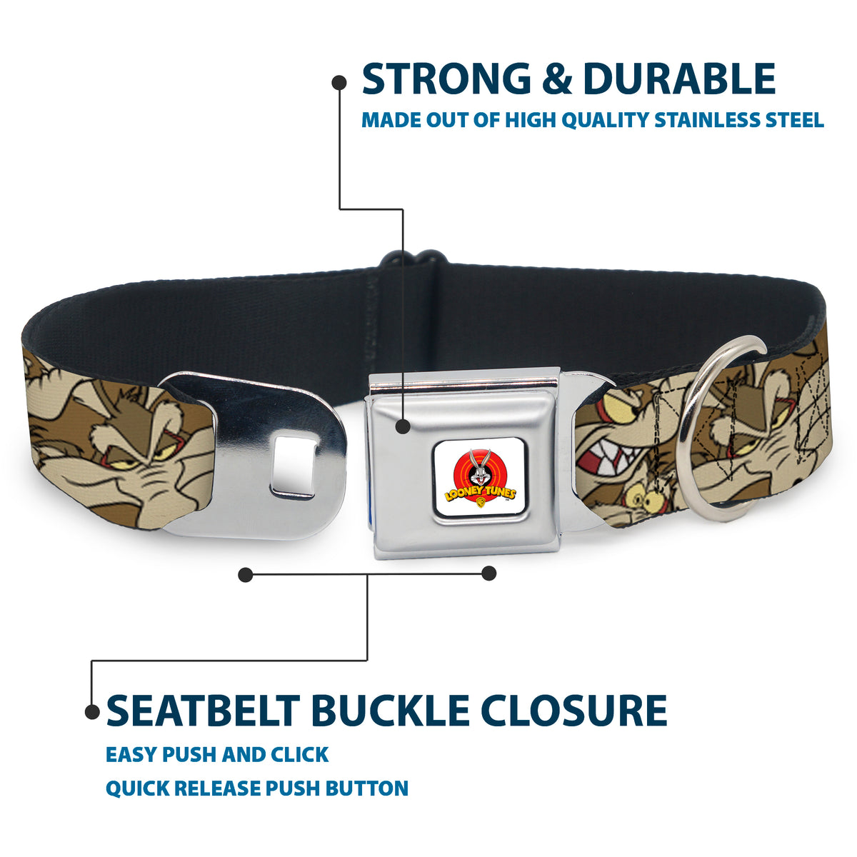 Looney Tunes Logo Full Color White Seatbelt Buckle Collar - Wile E. Coyote Expressions Stacked Dog Collars Seatbelt Buckle Looney Tunes