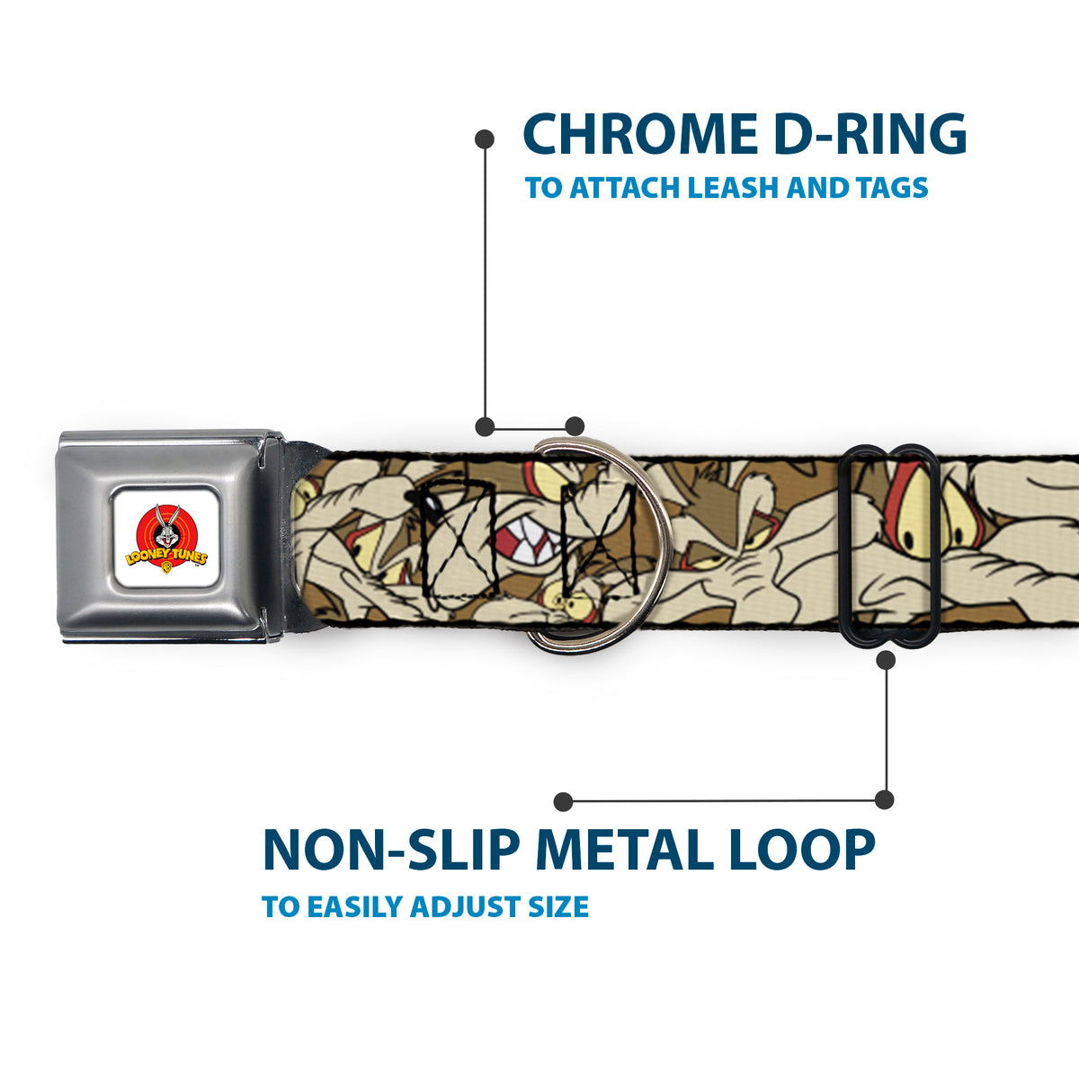 Looney Tunes Logo Full Color White Seatbelt Buckle Collar - Wile E. Coyote Expressions Stacked Dog Collars Seatbelt Buckle Looney Tunes
